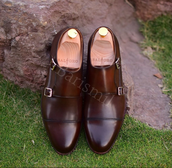 Handmade Men's Brown Leather Double Monk Strap Dress Shoes