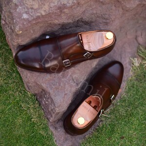 premium quality brown leather double monk shoes burnished leather men dress shoes