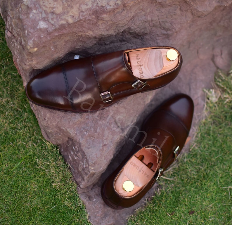premium quality brown leather double monk shoes burnished leather men dress shoes