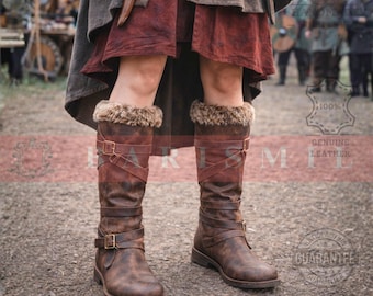 Handmade Leather Huntress Viking Boots with Faux Fur Trim | Medieval Festival Women Boots