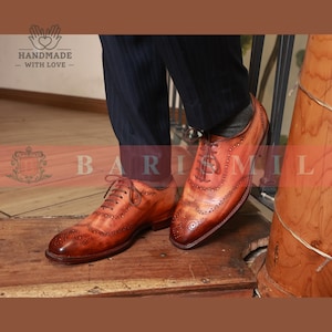 Handmade Tan Patina Oxford Shoes: Goodyear Welted Wholecut Leather Dress Shoes image 3