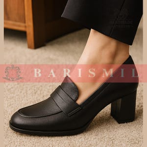 Handgefertigte Leder Blockabsatz Damen Loafers: Bequeme Schwarze Arbeitsschuhe