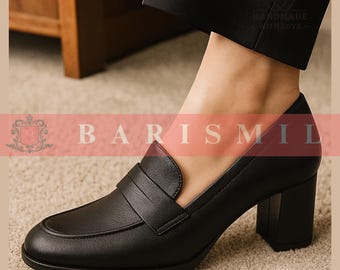 Handmade Leather Block Heel Women Loafers: Comfortable Black Work Shoes