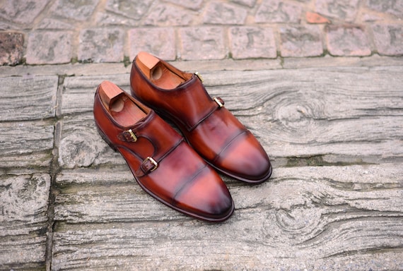 Handmade Brown Patina Leather Double Monk Shoes: Men's Formal Dress Shoes