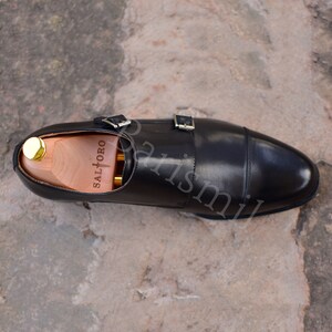 double monk shoes, men dress shoes black monk strap shoes.
