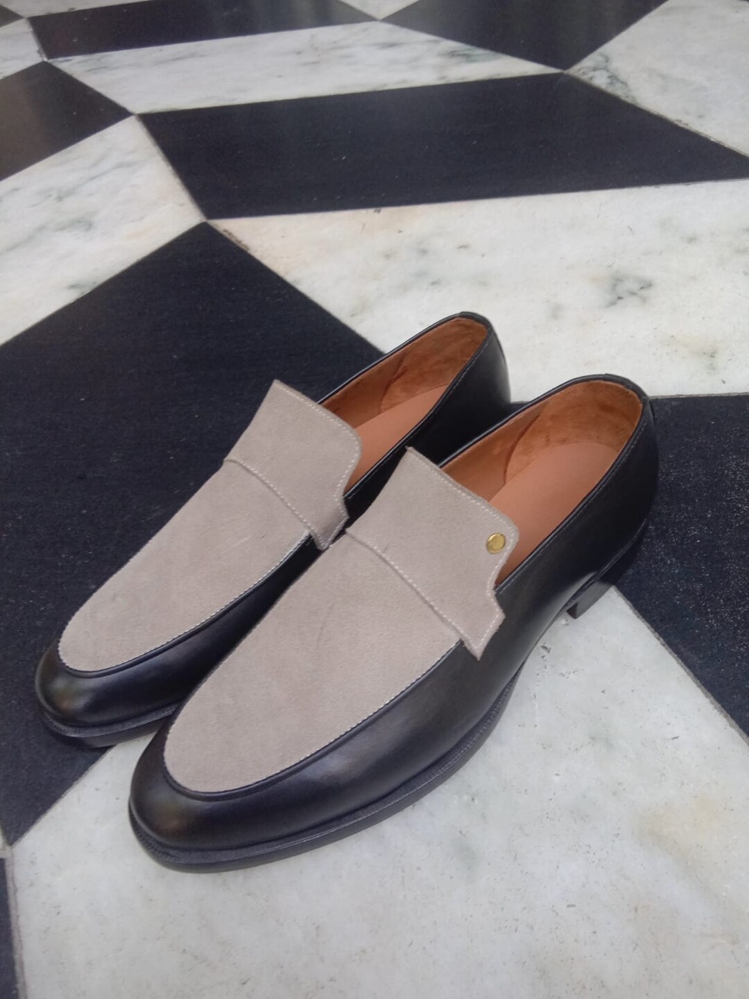 Men's Twotone Leather Spectator Loafers Shoes Grey Suede Etsy