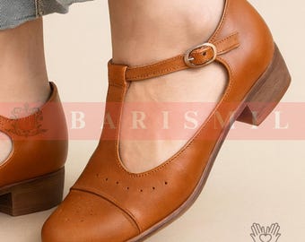 Handmade Brown Leather Mary Jane Shoes: Vintage Women T-Strap Flats