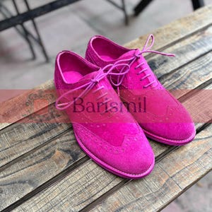 Pink Suede Leather Women&#39;s Oxford Shoes - Classic Oxford Shoes for Ladies -Handmade Women Lace Up Dress Shoes - Women Flat Formal Shoes