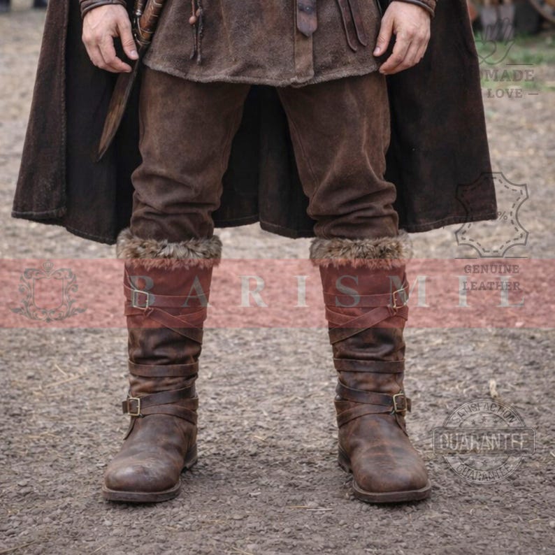 May include: Brown leather boots with fur trim and buckle straps. The boots are worn with brown pants and a dark brown cloak. The boots appear to be made of genuine leather.