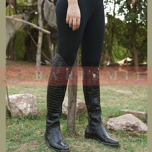 Handmade Black Croc-Embossed Leather Riding Boots | Tall Equestrian Field Boots