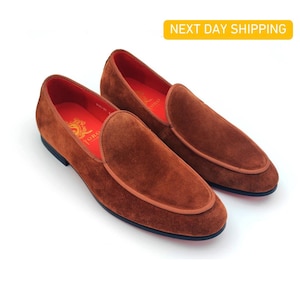 Brown Suede Loafers Men | Handmade Velvet Slipper Shoes | Red Bottom Dress Shoes | Luxury Formal Shoes | Gift for Him