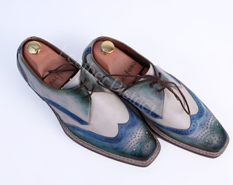 Handgemaakte patina vleugeltip oxfordschoenen: kleurrijke leren unieke brogues