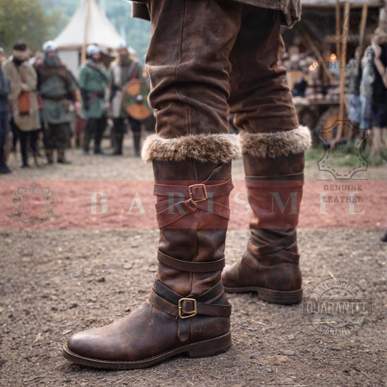 May include: Brown leather knee-high boots with fur trim and buckle straps. The boots have a worn, distressed appearance, suggesting a vintage or rustic style. The boots are designed for durability and style.