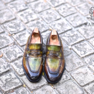 men green patina dress loafers