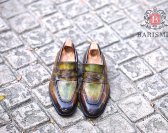 Handmade Green Patina Leather Loafers: Men's Bespoke Dress Shoes