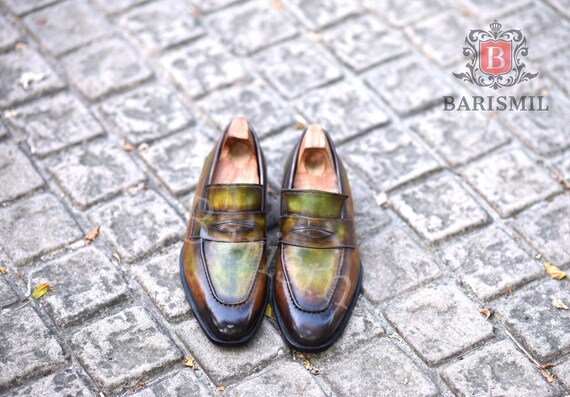 Handmade Green Patina Leather Loafers: Men's Bespoke Dress Shoes