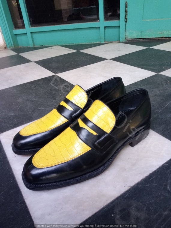 Handcrafted Leather Spectator Loafers: Crocodile Imprint Two Tone Shoes