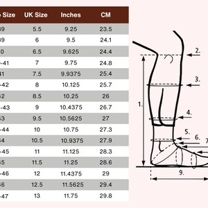 Puede incluir: Tabla de conversi&oacute;n de tallas de zapatos con tallas de EE. UU., Euro y Reino Unido, pulgadas y cent&iacute;metros. Incluye un diagrama del pie con medidas. Tallas de EE. UU. 6 (23,5 cm) a 13,5 (29,8 cm).