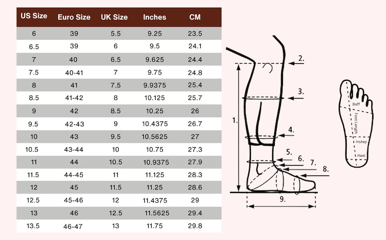 Puede incluir: Tabla de conversi&oacute;n de tallas de zapatos con tallas de EE. UU., Euro y Reino Unido, pulgadas y cent&iacute;metros. Incluye un diagrama del pie con medidas. Tallas de EE. UU. 6 (23,5 cm) a 13,5 (29,8 cm).