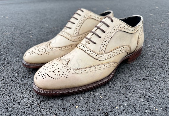 Handmade White Leather Wingtip Oxford Shoes: Goodyear Welted