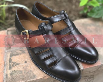 Sandalias de pescador de cuero negro hechas a mano para hombre / Sandalias de vestir con punta cerrada / Zapatos de cuero de verano con tira en T