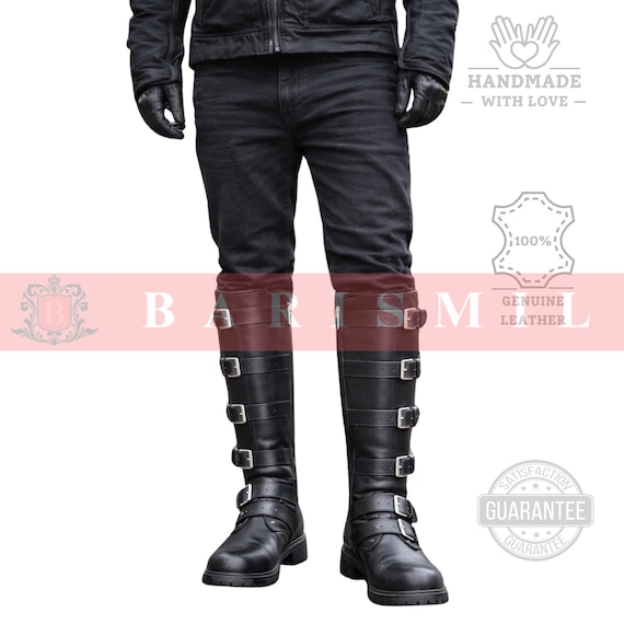 Men's Genuine Leather Tall Biker Boots | Buckle Straps, Gothic Riding Style