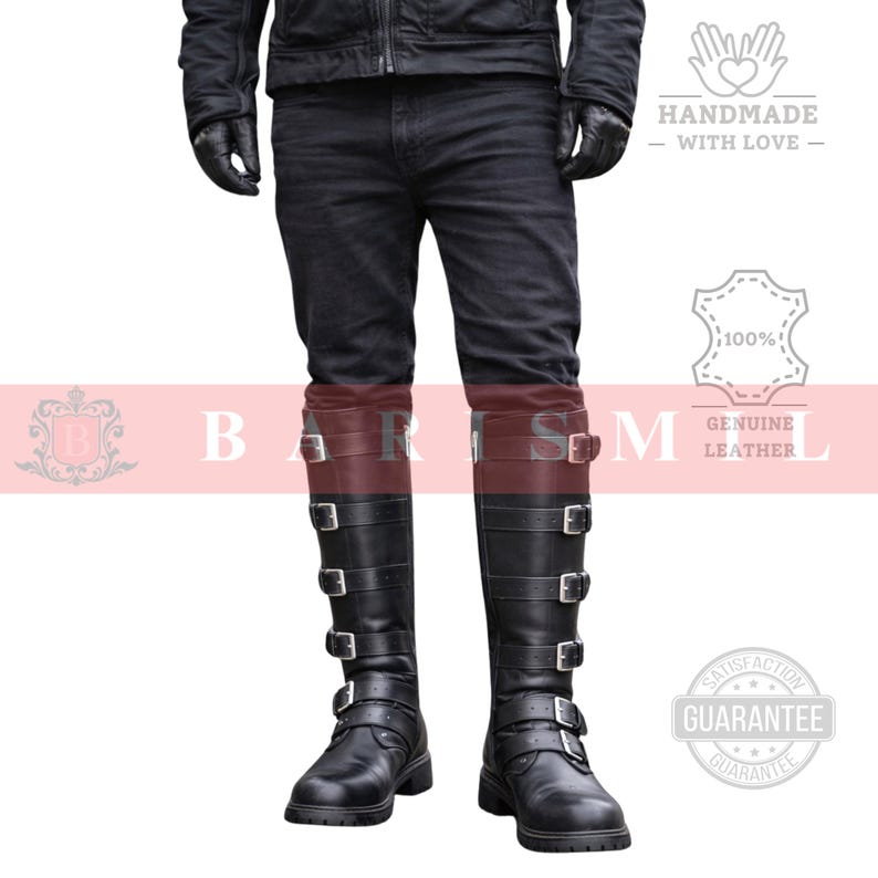 May include: Black leather knee-high boots with multiple silver buckles. The boots have a sturdy sole and are worn with black jeans. The image also includes the text "HANDMADE WITH LOVE" and "GENUINE LEATHER".