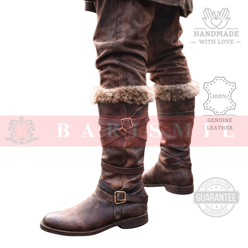 May include: Brown leather knee-high boots with fur trim at the top. The boots have multiple straps with buckles and a distressed finish. The image includes text that says "HANDMADE - WITH LOVE" and "100% GENUINE LEATHER".