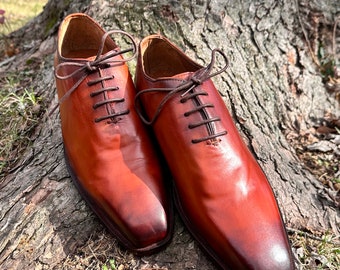 Handcrafted Cognac Leather Oxford Shoes: Whole-Cut Lace Up Dress Oxfords