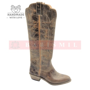 Rustieke leren cowboylaarzen - Handgemaakte westernlaarzen voor heren en dames - Distressed rodeo-rijlaarzen - Vintage hoge cowgirllaarzen.