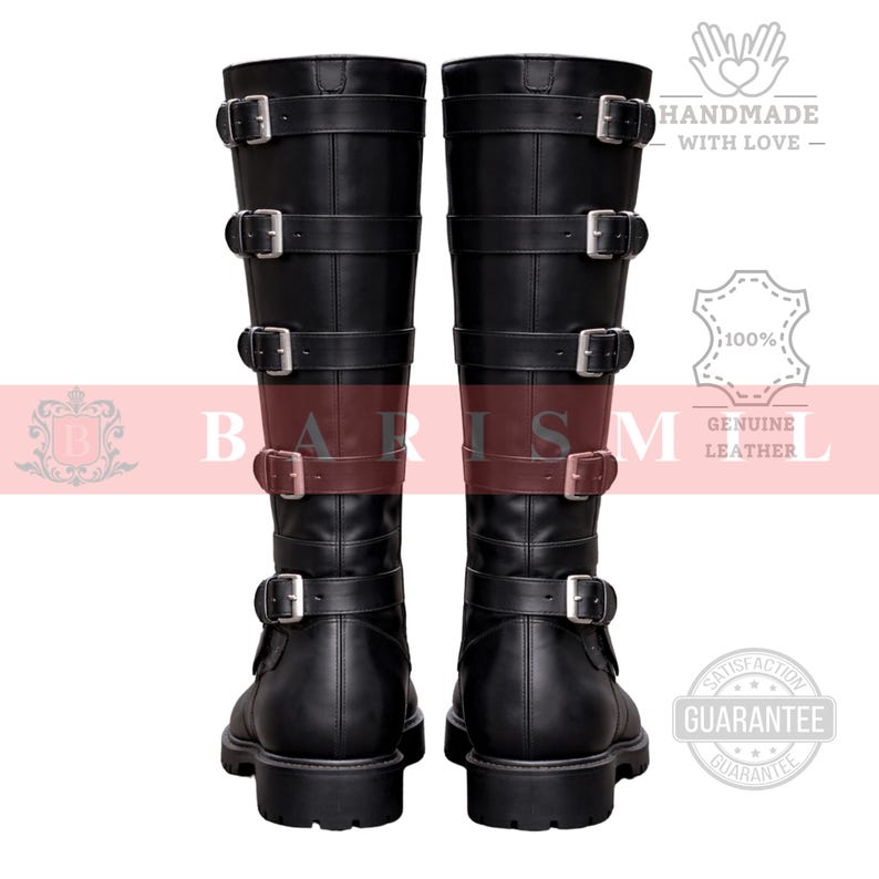 May include: A pair of black leather knee-high boots with multiple buckle straps. The boots have a round toe and a sturdy sole. The image includes the text "HANDMADE WITH LOVE" and "GENUINE LEATHER".