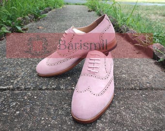 Men Handcrafted Pink Suede Leather Wingtip Brogue Shoes - Oxford Dress Shoes