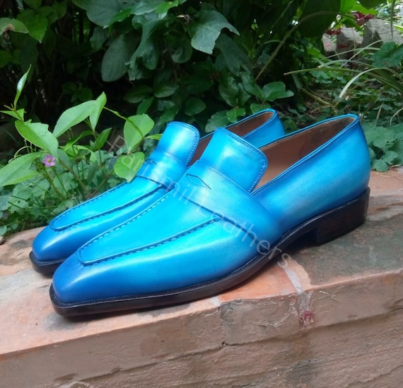 Handmade Blue Patina Leather Loafers: Bespoke Men's Dress Shoes