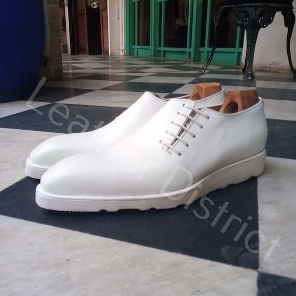 Handmade Whole Cut Shoes | Pure White Leather Dress Shoes | Custom Made Formal Dress Shoes | Uniform Matching Shoes.