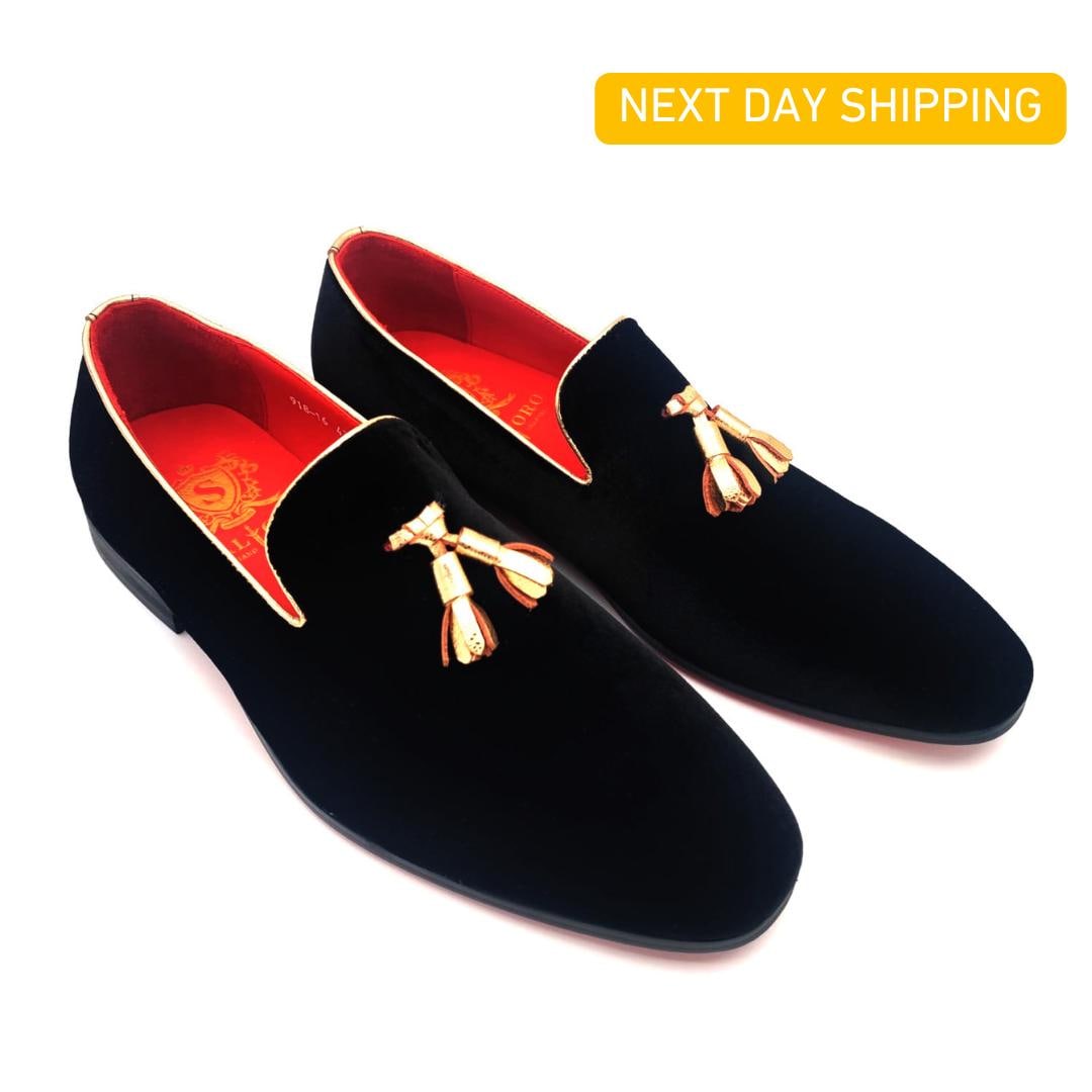 Handcrafted Black Velvet Loafers: Men's Gold Tassel Belgian Dress