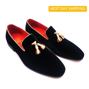 Men&#39;s Handcrafted Black Velvet Loafers - Black with Gold Tassel Men Dress Loafers - Men&#39;s Fashion Belgian Loafer Shoes - Wedding Prom Shoes.