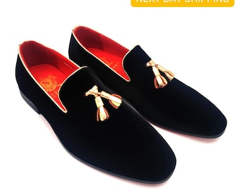 Handcrafted Black Velvet Loafers: Men's Gold Tassel Belgian Dress Shoes
