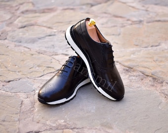 Handmade Black Leather Sneakers: Men's Formal Comfort Shoes