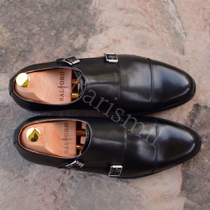 Men's Pure Leather Formal Double Monk Shoes | Black Double Monk Shoes | Handmade Monk Dress Shoes | Cap Toe Formal Shoes | Men Dress Shoes.