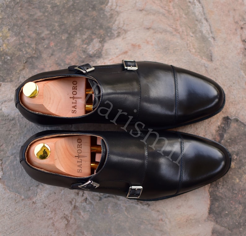 double monk shoes, men dress shoes black monk strap shoes.