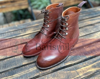 Handmade Brown Leather Ankle Boots: Military Style Lace-Up Boots for Men & Women