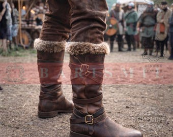 Handmade Viking Leather Boots – Fur Trim Medieval Warrior Footwear