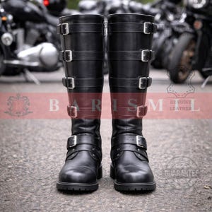 May include: A pair of black leather knee-high boots with multiple buckle straps. The boots have a rugged sole and a zipper on the side. The image includes the text "BARISM" and "GENUINE LEATHER".