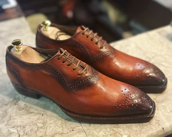 Handmade Goodyear Welted Leather Oxford Shoes: Patina Finish Dress Shoes