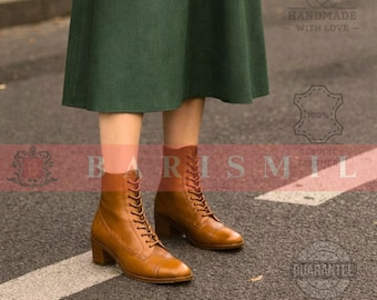 Damskie brązowe skórzane buty wiktoriańskie, ręcznie robione buty sznurowane, buty cosplay steampunk, buty renesansowe edwardiańskie, buty kostiumowe vintage