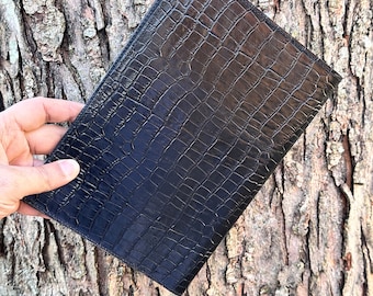 Handmade Black Croc-Imprint Leather Portfolio Leather Journal Cover Leather Notepad Folder