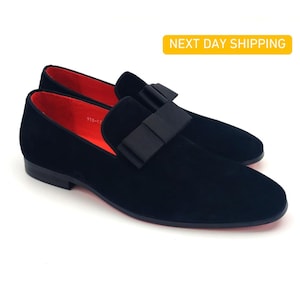 Men&#39;s Black Suede Leather Bow Loafers - Handcrafted Formal Wedding Loafers - Leather Tuxedo Opera Loafers - Red Bottom Prom Formal Loafers