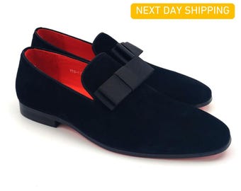 Men's Black Suede Bow Loafers: Handcrafted Leather Opera Pumps