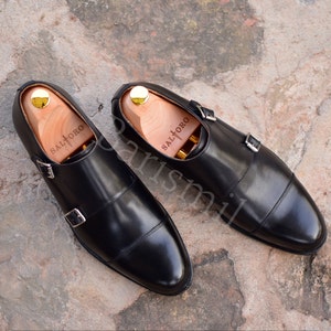 double monk shoes, men dress shoes black monk strap shoes.