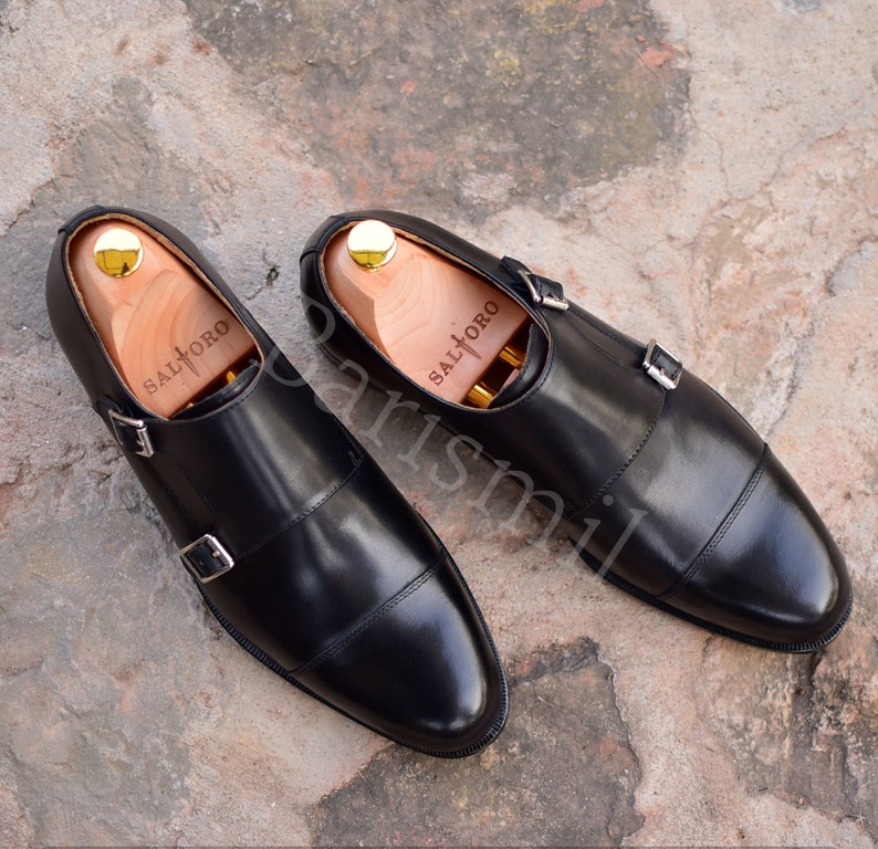 double monk shoes, men dress shoes black monk strap shoes.